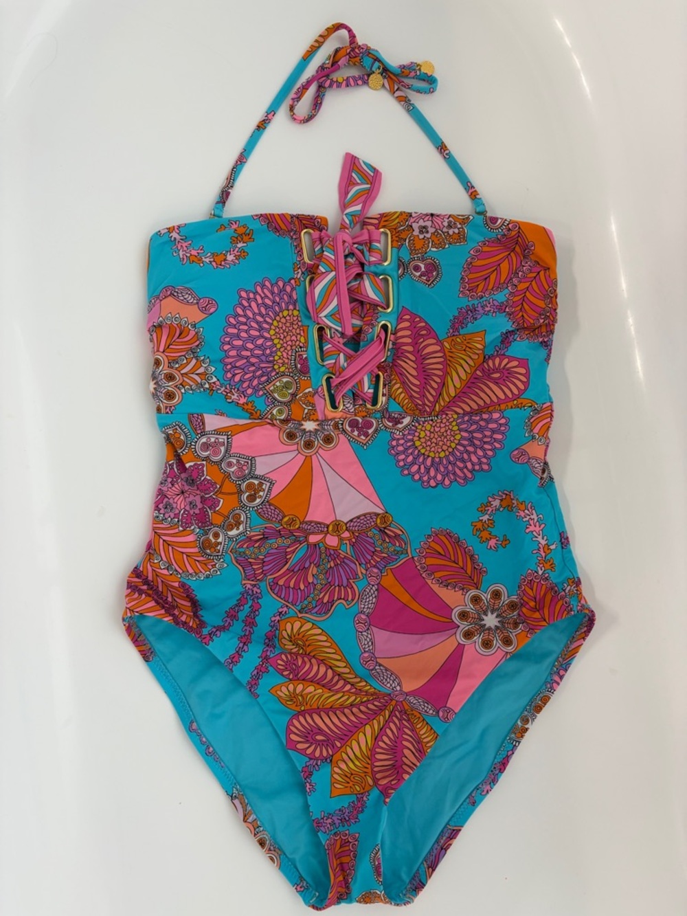 Trina Turk Turquoise Floral Lace-Up womens One-Piece Swimsuit 10